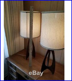 Vintage Pair Mid Century Modern Danish Table Lamps Wood Teak