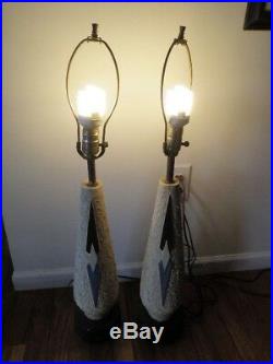 Vintage Pair Mid Century Retro Table Lamps Plaster Atomic Version Brown Blue F