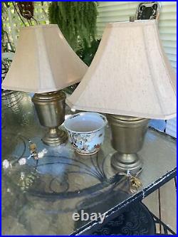Vintage Pair Of Brass Urn Lamps Linen Shades