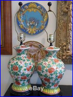 Vintage Pair Of Chinese Hand Painted Floral Designed Porcelain Table Lamps 30.5