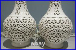 Vintage Pair Of Chinese White Pierced Table Lamps