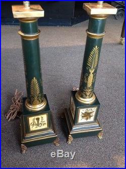 Vintage Pair Of French Neoclassical Style Green & Gold Tole Column Table Lamps