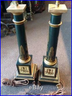 Vintage Pair Of French Neoclassical Style Green & Gold Tole Column Table Lamps