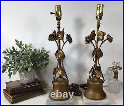 Vintage Pair Of MCM Table LampsGold Leaf/ MetalFlowers Hollywood RegencyNICE