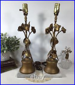 Vintage Pair Of MCM Table LampsGold Leaf/ MetalFlowers Hollywood RegencyNICE