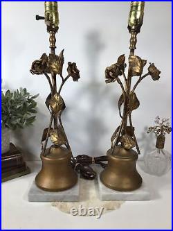 Vintage Pair Of MCM Table LampsGold Leaf/ MetalFlowers Hollywood RegencyNICE