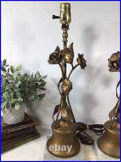 Vintage Pair Of MCM Table LampsGold Leaf/ MetalFlowers Hollywood RegencyNICE