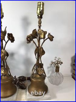 Vintage Pair Of MCM Table LampsGold Leaf/ MetalFlowers Hollywood RegencyNICE