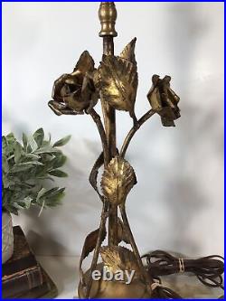 Vintage Pair Of MCM Table LampsGold Leaf/ MetalFlowers Hollywood RegencyNICE