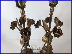 Vintage Pair Of MCM Table LampsGold Leaf/ MetalFlowers Hollywood RegencyNICE