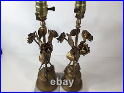 Vintage Pair Of MCM Table LampsGold Leaf/ MetalFlowers Hollywood RegencyNICE