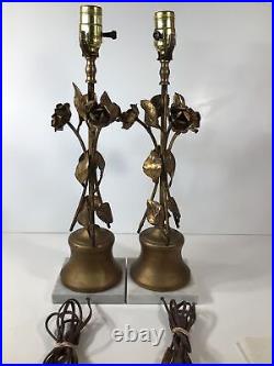 Vintage Pair Of MCM Table LampsGold Leaf/ MetalFlowers Hollywood RegencyNICE