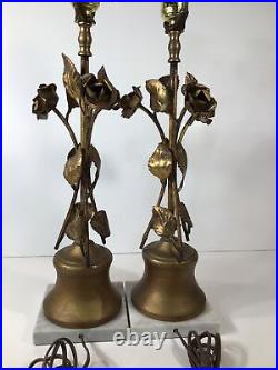 Vintage Pair Of MCM Table LampsGold Leaf/ MetalFlowers Hollywood RegencyNICE