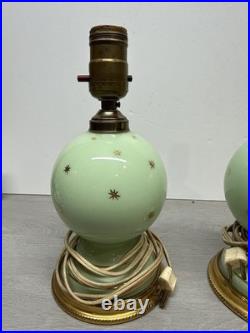 Vintage Pair Of Table Lamps Green With Gold Starburst Brass With Shades