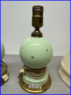 Vintage Pair Of Table Lamps Green With Gold Starburst Brass With Shades
