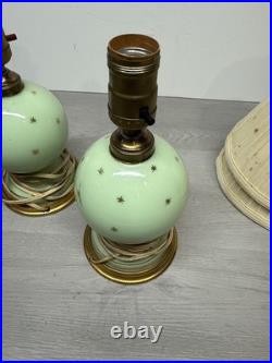 Vintage Pair Of Table Lamps Green With Gold Starburst Brass With Shades