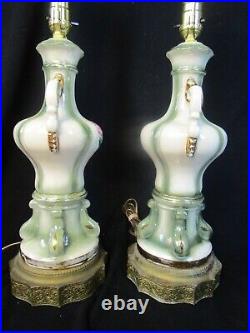 Vintage Pair Ornate Tall Hand Painted Lamps Roses Beautiful