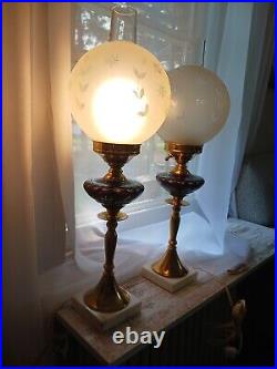 Vintage Pair Ruby Red Bohemian Cut to Clear Glass Table Lamp Brass & Marble Base
