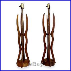 Vintage Pair Sculptural Mid Century Modern Danish Style Teak Wood Table Lamps
