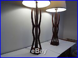 Vintage Pair Sculptural Mid Century Modern Danish Style Teak Wood Table Lamps