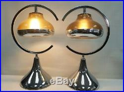 Vintage Pair Set MCM Mid Century Majestic Chrome Table Lamp 1960's Smoke Shade