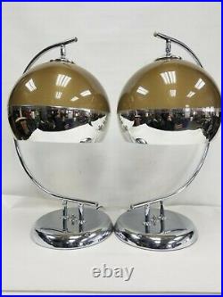 Vintage Pair Set MCM Mid Century Majestic Chrome Table Lamp 1960s Smoke Shade