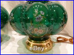 Vintage Pair Set Of 2 Living Room Table Lamps Green Urn Body Floral Brass $525