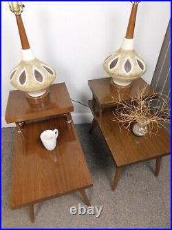 Vintage Pair Table Lamps Art Pottery Space Ship Atomic Walnut Mid Century Modern