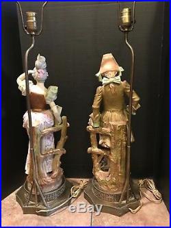 Vintage Pair Tall Hollywood Regency Porcelain Victorian Couple Table Lamps 40