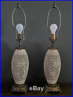 Vintage Pair White Ceramic Table Lamps Hollywood Regency Art Nouveau De Chine