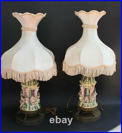 Vintage Pair of CAPODIMONTE Porcelain Lamps with Victorian Style Lamp Shades