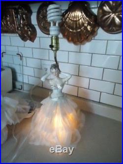 Vintage Pair of Doll Lamps White Dresses Lady Night Table 3 way lamp works MCM