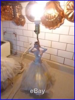 Vintage Pair of Doll Lamps White Dresses Lady Night Table 3 way lamp works MCM