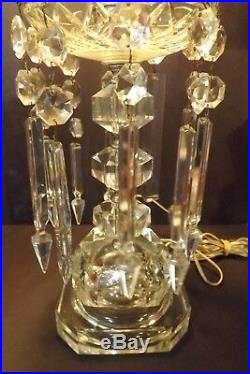 Vintage Pair of Electric Lustre Etched Flower Hurricane Lamps 9 Crystal Prisms