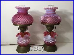 Vintage Pair of Fenton Hobnail Cranberry Opalescent Glass Brass Table Lamps