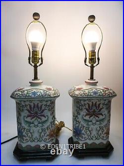 Vintage Pair of Floral Glazed Accent Chinoserie Table Lamp