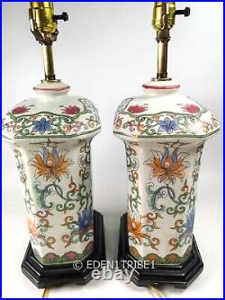 Vintage Pair of Floral Glazed Accent Chinoserie Table Lamp