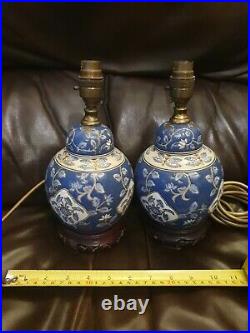 Vintage Pair of Ginger Jar Lamps, Floral Ceramic Table Lamps With Wooden Bases