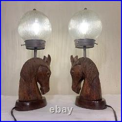 Vintage Pair of Hand-Carved Mahogany Wood Horse Statue Sculpture MCM Table Lamps