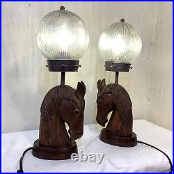 Vintage Pair of Hand-Carved Mahogany Wood Horse Statue Sculpture MCM Table Lamps