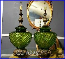 Vintage Pair of MCM Hollywood Regency 3-Way Switch Lamps with Green Glass. RARE