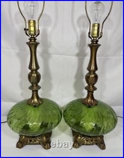 Vintage Pair of Mid Century Hollywood Regency Green Optic Glass Table Lamps 70's
