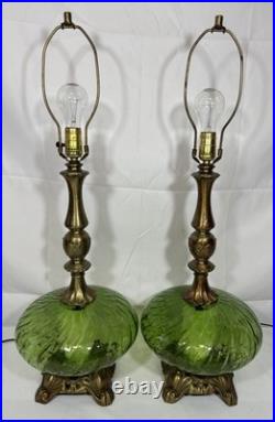 Vintage Pair of Mid Century Hollywood Regency Green Optic Glass Table Lamps 70's Vintage Pair of Mid Century Hollywood Regency Green Optic Glass Table Lamps 70's