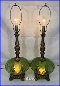 Vintage Pair of Mid Century Hollywood Regency Green Optic Glass Table Lamps 70's