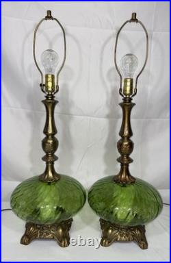 Vintage Pair of Mid Century Hollywood Regency Green Optic Glass Table Lamps 70's