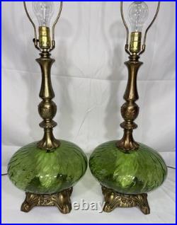 Vintage Pair of Mid Century Hollywood Regency Green Optic Glass Table Lamps 70's Vintage Pair of Mid Century Hollywood Regency Green Optic Glass Table Lamps 70's