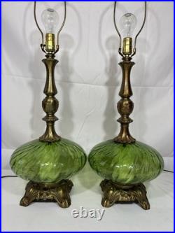 Vintage Pair of Mid Century Hollywood Regency Green Optic Glass Table Lamps 70's