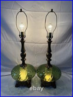 Vintage Pair of Mid Century Hollywood Regency Green Optic Glass Table Lamps 70's