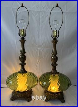 Vintage Pair of Mid Century Hollywood Regency Green Optic Glass Table Lamps 70's