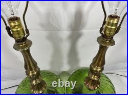 Vintage Pair of Mid Century Hollywood Regency Green Optic Glass Table Lamps 70's Vintage Pair of Mid Century Hollywood Regency Green Optic Glass Table Lamps 70's
